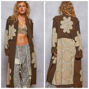 POL Brown and Cream Bandana Print Floral Patchwork Duster Jacket
